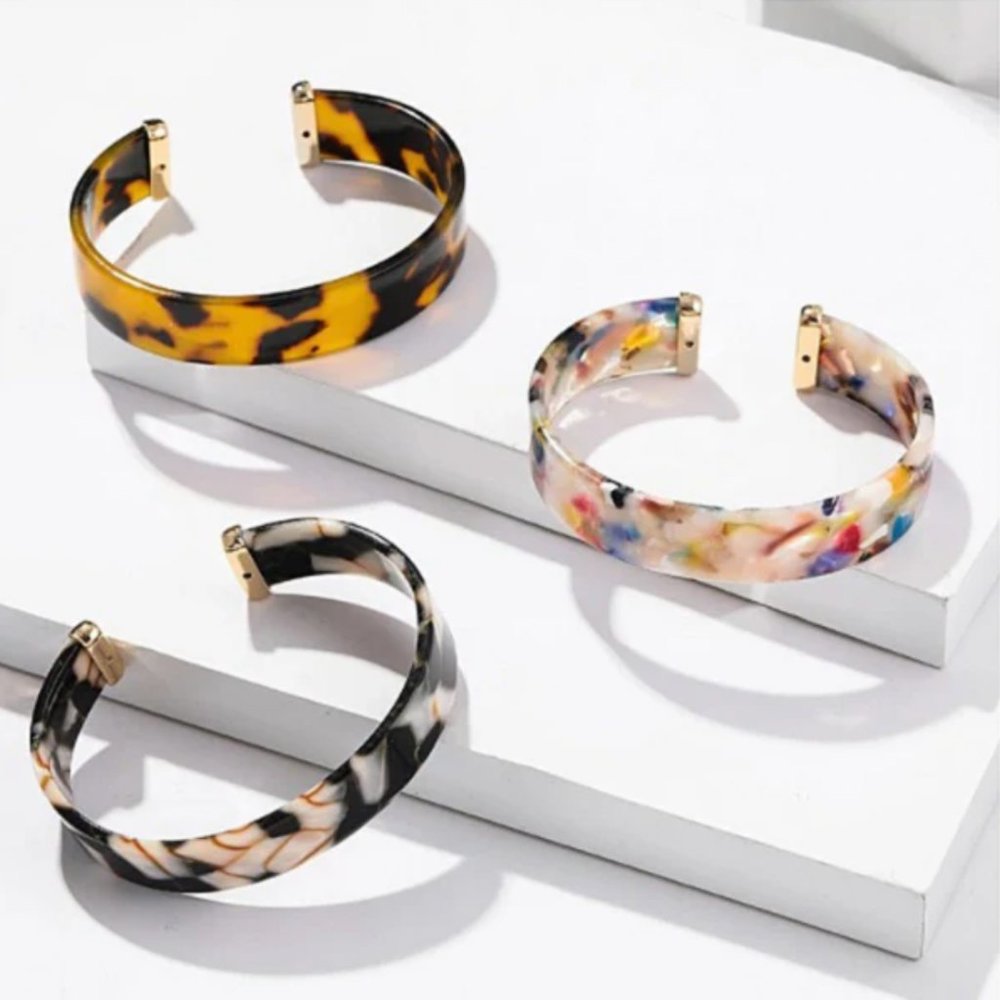 Acrylic Cuff Bracelets w/ Gold Caps Resin Black Brown Colorful - Picture 4 of 4